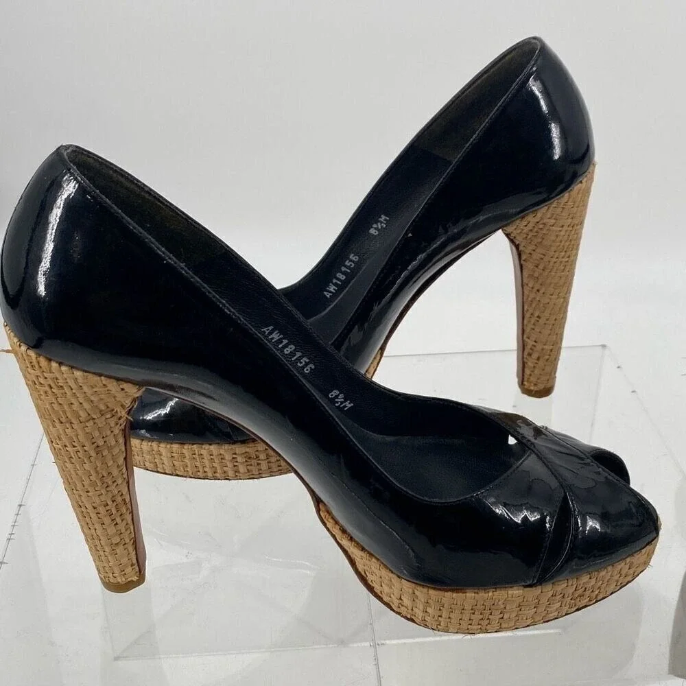 Stuart Weitzman Women's Patent Leather Criss Cross Pump Heel Black Tan Size 8.5M